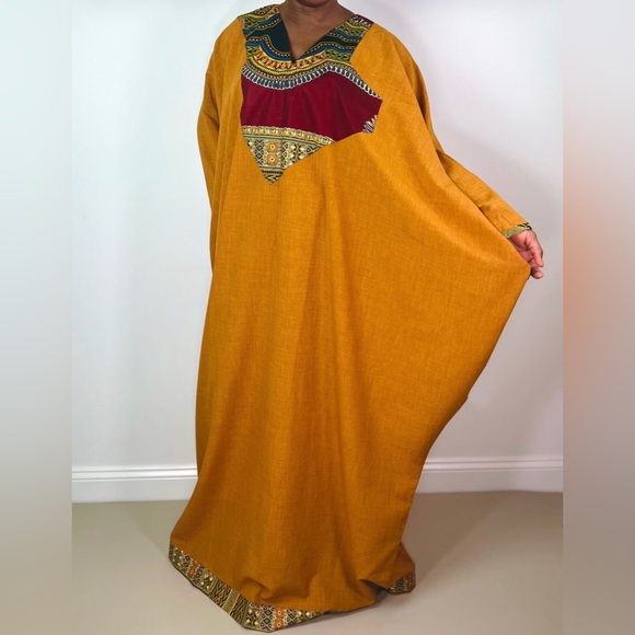 Handmade Burnt Yellow Dashiki Detail Maxi Kaftan Oversized Dress - Picture 4 of 12